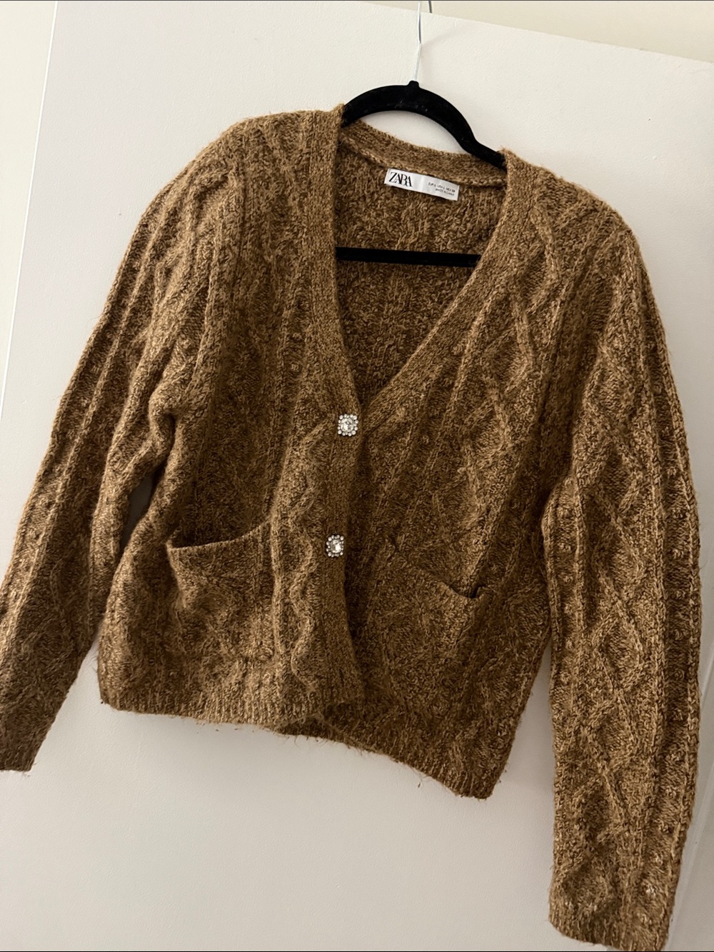 Zara Tan Cable‑Knit V‑Neck Cardigan with Decorative Buttons